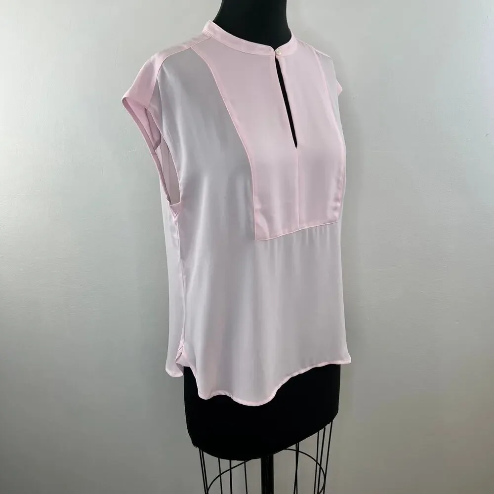 J. Crew 365 Drapey Cap-Sleeve Top Light Pink Slit Front Blouse Bib Front H8094 M
